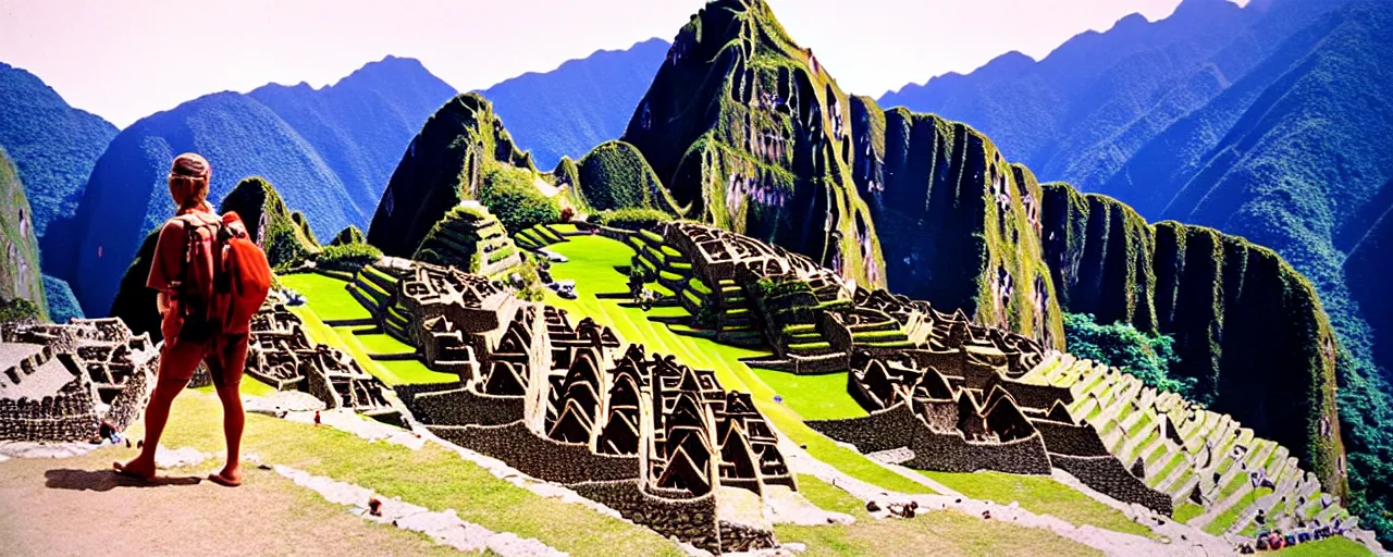 Prompt: machu picchu in the 1 4 0 0 s, with spaghetti, antiquity, canon 5 0 mm, wes anderson, kodachrome