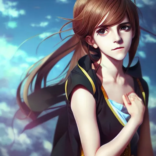 Image similar to anime portrait of emma watson as an anime girl by Stanley Artgerm Lau, WLOP, Rossdraws, James Jean, Andrei Riabovitchev, Marc Simonetti, and Sakimichan, trending on artstation