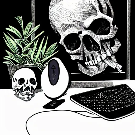 Prompt: black and white linocut print depicting a skull sitting on top of a wifi router on a table, next to a plant