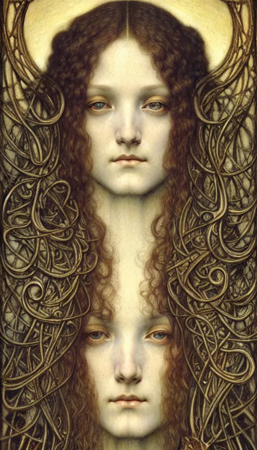 Image similar to detailed realistic beautiful young medieval queen face portrait by jean delville, gustave dore and marco mazzoni, art nouveau, symbolist, visionary, gothic, pre - raphaelite. horizontal symmetry