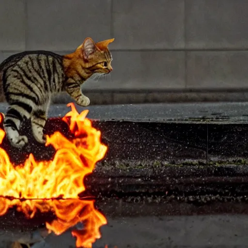 Image similar to a tabby cat jumping over a puddle of oil, reflections, destruction and fire in background, ash in the wind, intense