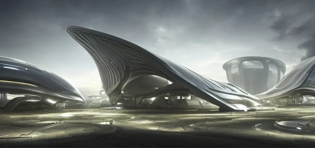 Prompt: a futuristic solarpunk spaceport, designed by zaha hadid, sci - fi, digital art by paul chadeisson