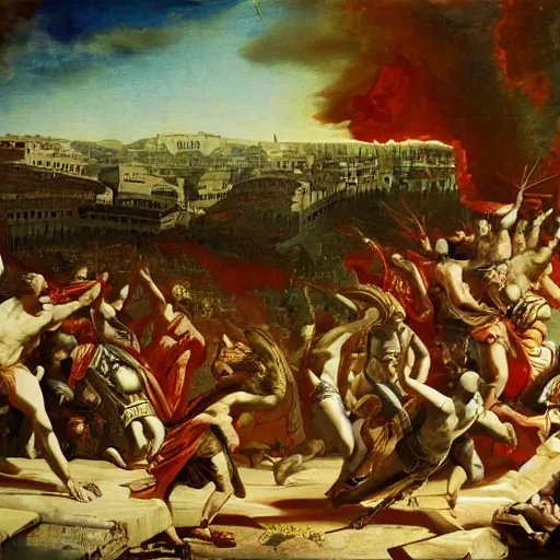 Image similar to fall of rome, epic painting