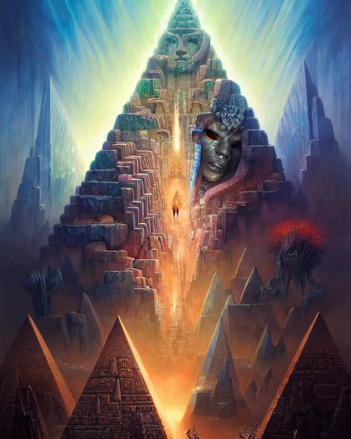 Prompt: inside a fractal pyramid made of pyramids and eyes fantasy character portrait, ultra realistic, wide angle, intricate details, blade runner artifacts, highly detailed by peter mohrbacher, boris vallejo, hajime sorayama aaron horkey, gaston bussiere, craig mullins