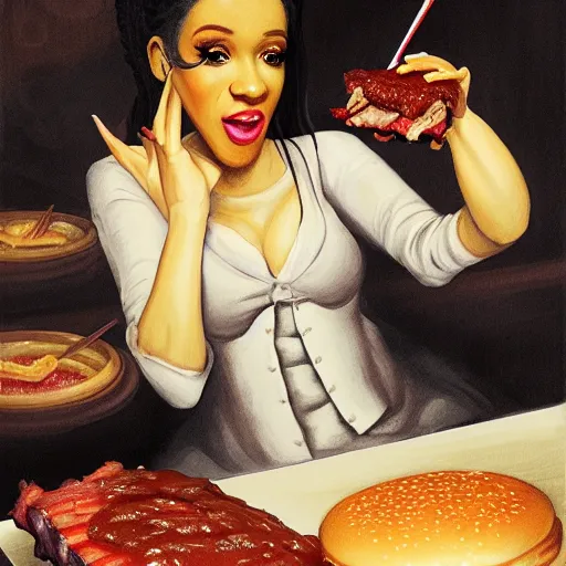 Prompt: Cardi B Eating Big Macs, dripping BBQ Sauce, serving rack of ribs, D&D, fantasy, intricate, elegant, highly detailed, digital painting, artstation, concept art, matte, sharp focus, illustration, hearthstone, art by William Blake and figure in the darkness of renaissance, serving big macs, covered in ketchup,Francisco Goya, painted by John Singer Sargant, Adrian Ghenie, style of Francis Bacon a