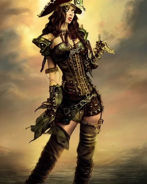 Image similar to a beautiful young female steampunk pirate wearing leather armor on gold and red trimmings on green, very cool pose, pirate ship with an epic sky background, slightly smiling, by Charlie Bowater Annie Leibovitz, zhuoxin ye, cinematic lighting and composition, fantasy painting, very detailed, ornate, 8k trending on artstation and pinterest, deviantart, google images