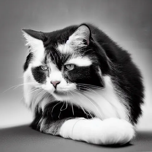 Prompt: fluffy black and white cat portrait, aesthetic highly detailed soft fur and paws, professionally shot photorealistic 8k photograph, 35mm Canon EOS R3, rendered in octane, by Natalie Große and Jason Allison