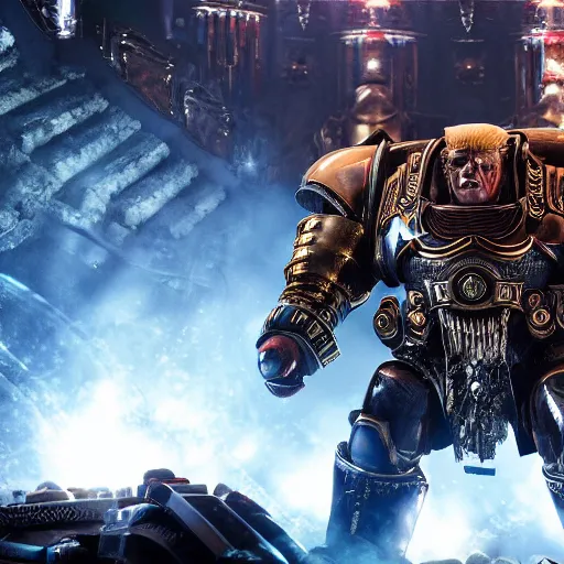 Image similar to Portrait of donald trump as the emperor of humanity from warhammer 40k in Gears of War, splash art, movie still, cinematic lighting, dramatic, octane render, long lens, shallow depth of field, bokeh, anamorphic lens flare, 8k, hyper detailed, 35mm film grain