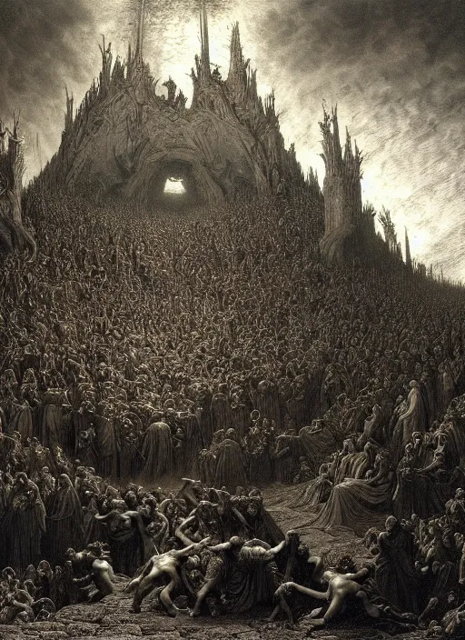 Image similar to dante's inferno, epic scene, photorealistic, highly detailed, texture, soft light, dramatic, moody, ambient, painting by gustave dore