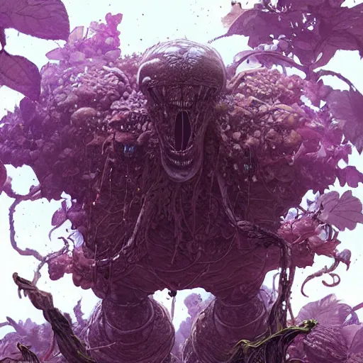 Image similar to an alien giant. A plant like alien made up of flowers, vines, and leaves. By Geoffroy Thoorens. Katsuhiro Otomo. Karlkka