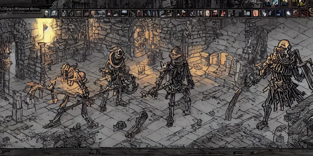Prompt: skeleton enemy character design. darkest dungeon. pc game. 2 d sideview. transparent background. art by moebius and thomas kinkade and greg rutkowski.