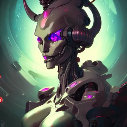 Prompt: a portrait of a beautiful mecha demonic duchess of hell, cyberpunk concept art by pete mohrbacher and wlop and artgerm and josan gonzales, digital art