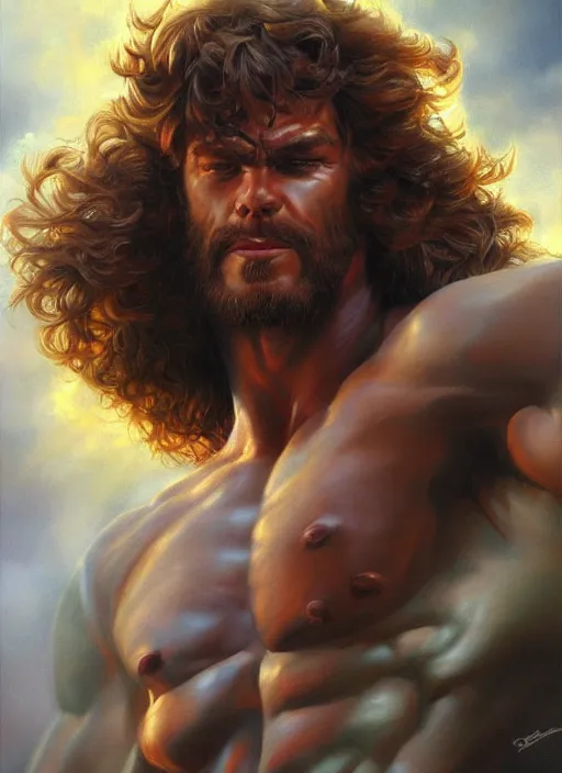 Image similar to a magical portrait of the god of strength, art by boris vallejo and greg danton and denys tsiperko, detailed, hyperrealism, artstation