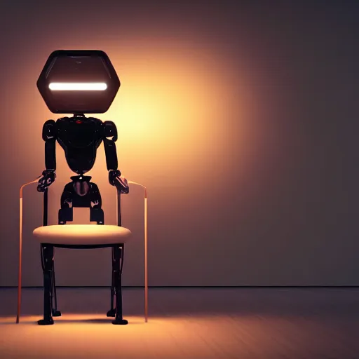 Image similar to futuristic lonely humanoid robot with huge comically sad OLED eyes and open rectangular mouth sits facing left reading a hardbound leather book on a comfortable midcentury chair. Cinematic Lighting, Cinematic Movie Photograph, Arri Alexa, Extremely Detailed, smooth, very very clean, simple, 8K, octane render, maya render, unreal engine, trending on artstation, DSLR