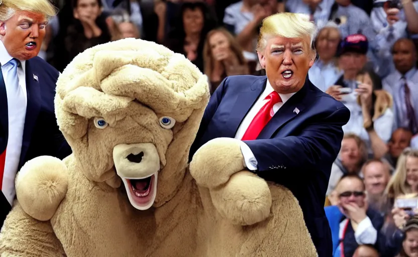 Image similar to Donald Trump in a baby mammoth costume , with an open face