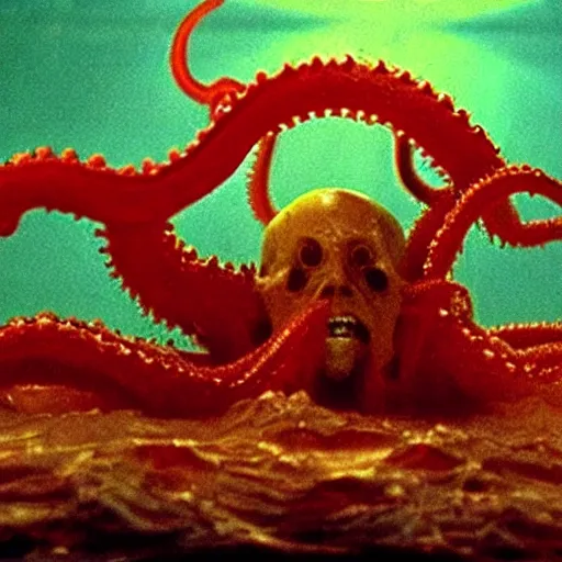 Prompt: the anti - christ rising from a red ocean with slimy tentacles. color detailed photograph from a 1 9 9 0 s horror movie.