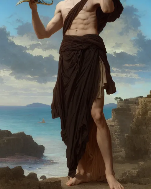 Image similar to young greek man, long curly hair, chest height, elegant ancient greek dress, very detailed, coast as the background, beautiful, intricate, cinematic, artstation, william bouguereau, alphonse mucha, greg rutkowski, rossdraws, octane render