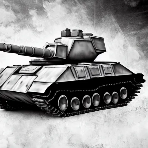 Image similar to heavy armor battle tank painted in white and black yin - yang dao symbol blasting away at dystopia, cosmos backdrop