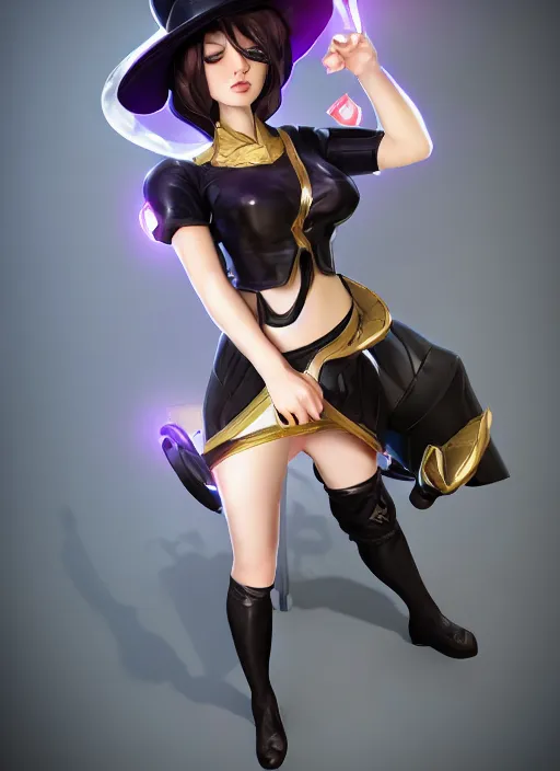 Image similar to caitlyn from league of legends, wearing black dress police hat, pearl skirt, hyper detailed, digital art, trending in artstation, cinematic lighting, studio quality, smooth render, unreal engine 5 rendered, octane rendered, art style by klimt and nixeu and ian sprigger and wlop and krenz cushart