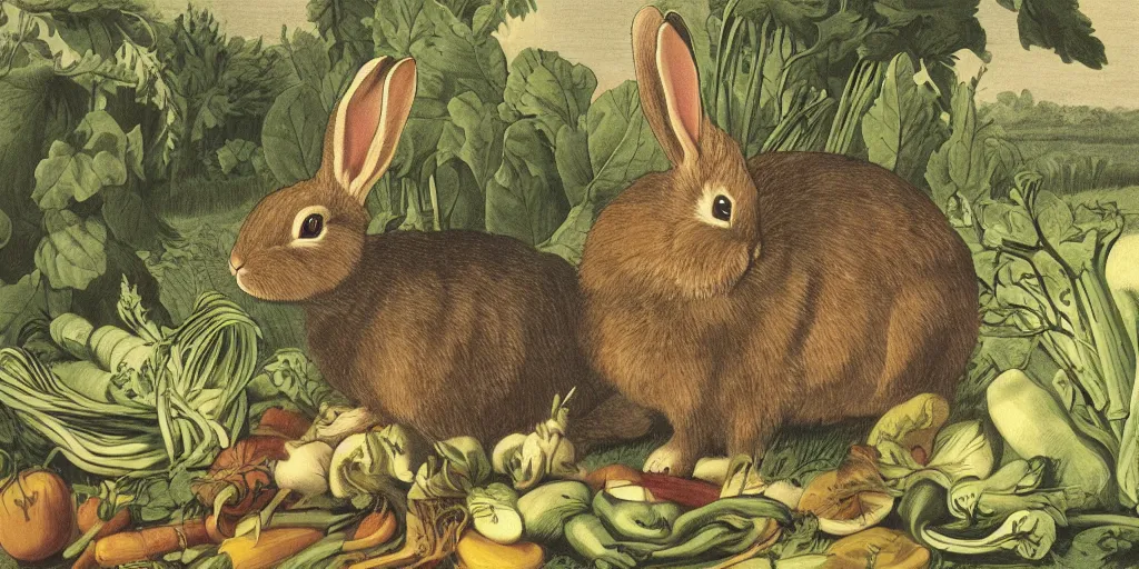 Prompt: rabbit in the vegetable garden by john audubon, directed by david fincher