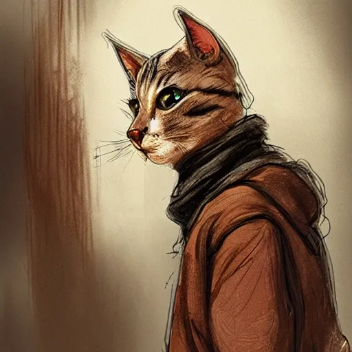 Image similar to humanoid homeless cat, concept art, d & d, fantasy