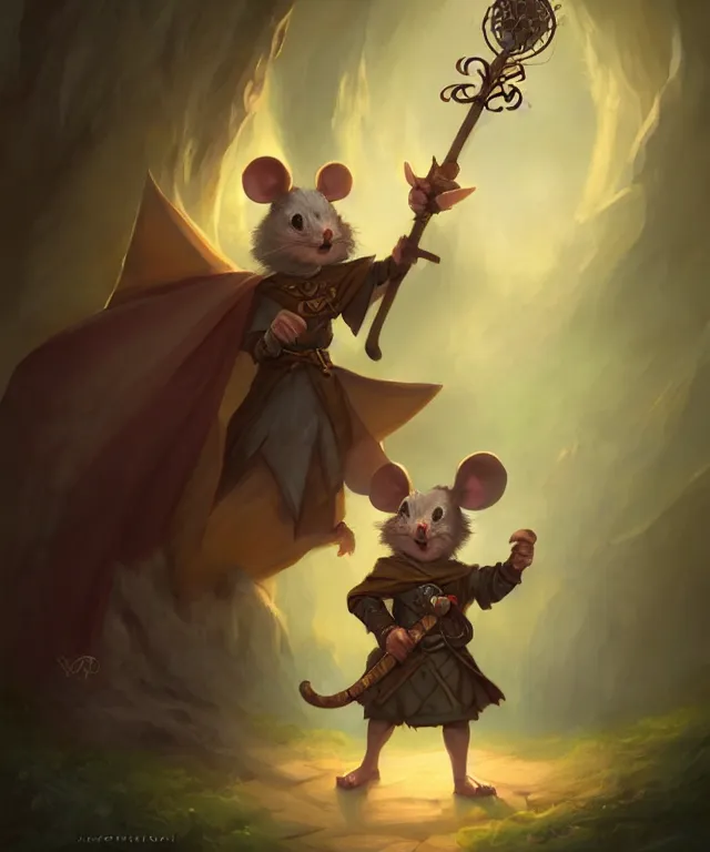 Image similar to anthropomorphic mouse mage, mage cloak, holding a large prismatic staff, standing in a beautiful landscape, cute and adorable, dnd character art portrait, matte fantasy painting, deviantart artstation, by jason felix by steve argyle by tyler jacobson by peter mohrbacher, cinematic lighting