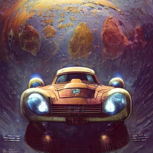 Image similar to vintage, old, ussr, rusty, soviet, car iz 2 1 2 5!!! as a realistic scifi spaceship!!!, floating in space, engines instead of wheels!!, wide angle shot art by donato giancola and greg rutkowski, vintage retro scifi, realistic space, digital art, trending on artstation, symmetry!!!