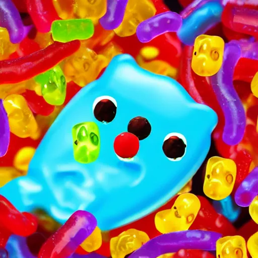 Prompt: a gummi bear uses gummi worms to catch swedish fish, digital art