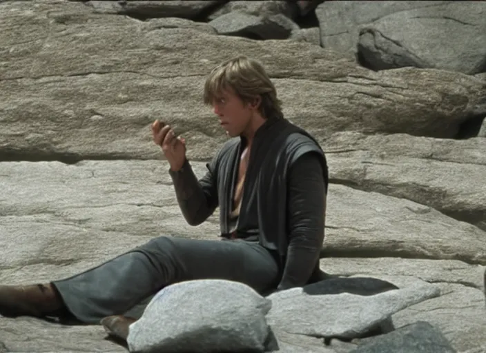 Image similar to screenshot of Luke Skywalker using the force to make rocks float around him, sitting outside on the rocky jedi temple, famous scene from the last jedi, 1980s film directed by Stanley Kubrick cinematic lighting, moody cinematography, with anamorphic lenses, crisp, detailed portrait, 4k image