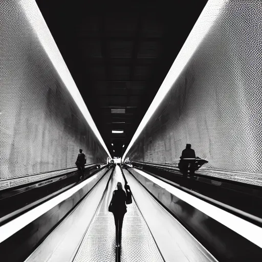 Prompt: wide angle professional photo, inside an incredibly huge massive infinite black void, a woman riding an extremely long escalator into darkness, f 1. 3, dslr, award winning unsplash photo, ray tracing lighting, no artifacts, ultra - detailed, volumetric lighting