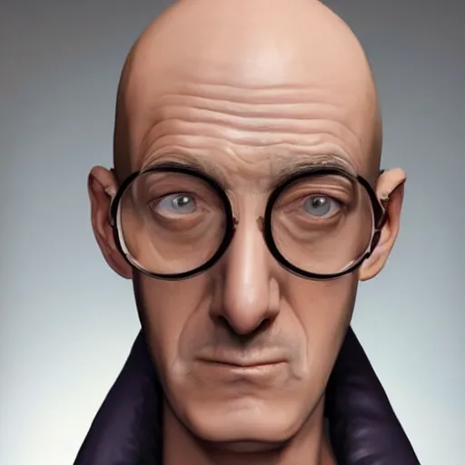 Image similar to A middle-aged Dr. Venture in real life with a hooked nose, a long gaunt face and skinny body and neck, very thin and bald, realistic, very realistic, hyperrealistic, highly detailed, very detailed, extremely detailed, detailed, digital art, oil painting, trending on artstation, headshot and bodyshot, detailed face, very detailed face, extremely detailed face, HD Quality, 8k resolution, very very detailed face, real life