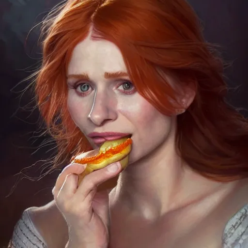 Prompt: portrait of Bryce Dallas Howard eating hamburgers, extra onions and ketchup, luscious patty with sesame seeds, feminine ethereal, handsome, D&D, fantasy, intricate, elegant, highly detailed, digital painting, artstation, concept art, matte, sharp focus, illustration, art by Artgerm and Greg Rutkowski and Alphonse Mucha