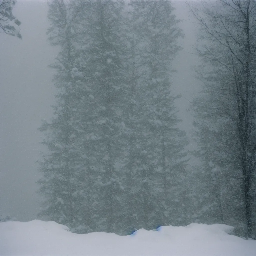 Image similar to photo, bigfoot is hiding in the background. cold color temperature, snow storm. hazy atmosphere. humidity haze. kodak ektachrome, greenish expired film, award winning, low contrast