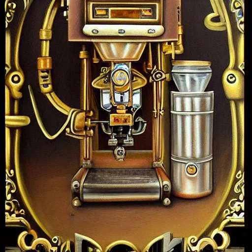 Image similar to Beautiful steampunk mechanical coffee machine, detailed oil painting