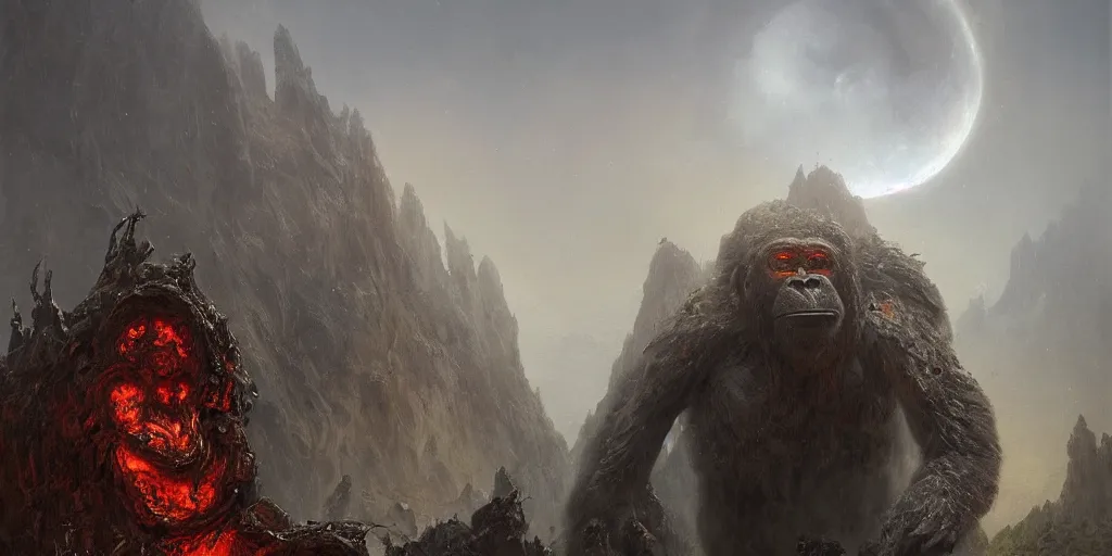Prompt: concept art of giant alien gorilla, lava rocks, renaissance, roaring, melting horror, round moon, rich clouds, fighting the horrors of the unknown, overgrown, very detailed, volumetric light, mist, fine art, decaying, textured oil over canvas, epic fantasy art, very colorful, ornate scales, marc simonetti