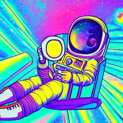 Prompt: Medium shot of an astronaut relaxing in space designed by Lisa Frank, digital art, cartoon art, acrylic, bokeh, synthwave, retro,