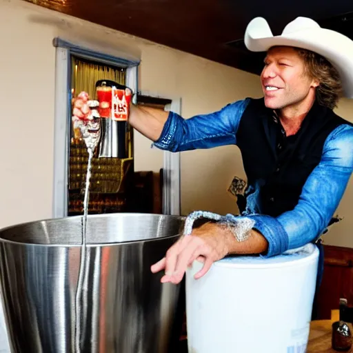 Image similar to photograph of Jon Bon Jovi with cowboy hat pouring beer from a tap into a dirty bowl in the kitchen sink