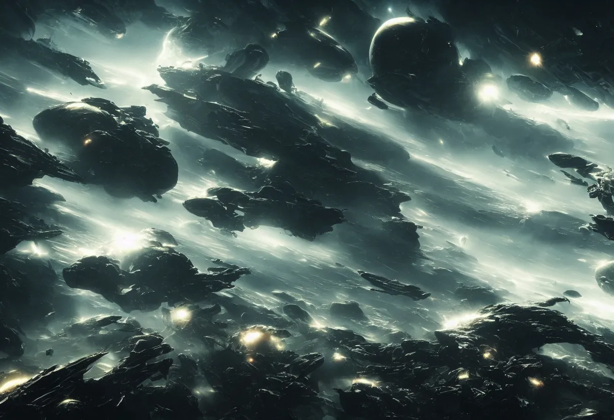 Prompt: horrendous space battle between aliens and humans, ominous outer space background, hyperrealism, realistic, dramatic lighting, octane render, highly detailed, cinematic lighting, cinematic, art by rubens and rutkowski and rembrandt