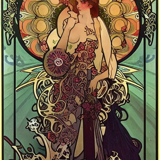 Image similar to a beautiful female necromancer surrounded by skulls by Alphonse Mucha