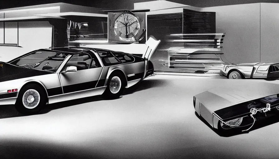 Image similar to 1955 DeLorean as designed by Ford concept by Syd Mead, full color catalog print