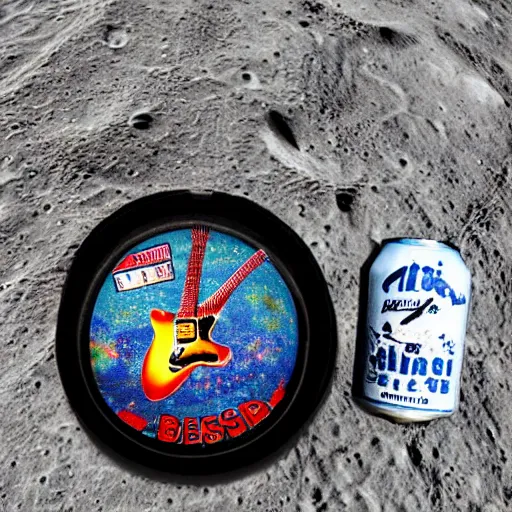 Image similar to detailed realistic idle regular sized electric guitar and a detailed realistic idle regular sized beer can on the moon surface. detailed photo