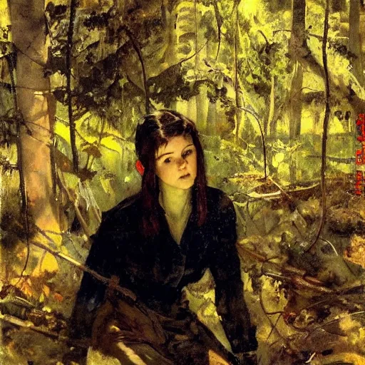 Prompt: young girl lost in a forest, by dean cornwell,