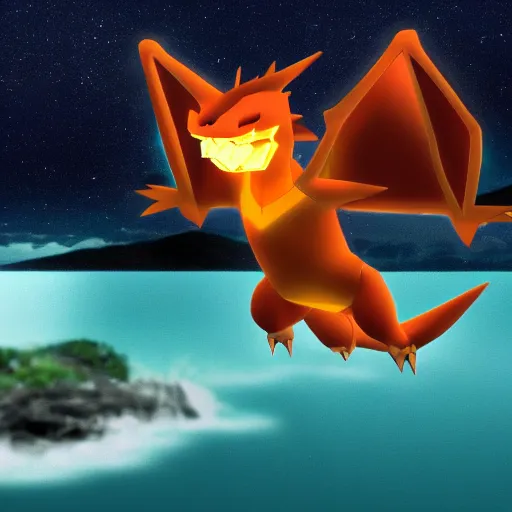 Prompt: pokemon charizard flying over a lake at night, 4 k hd wallpaper