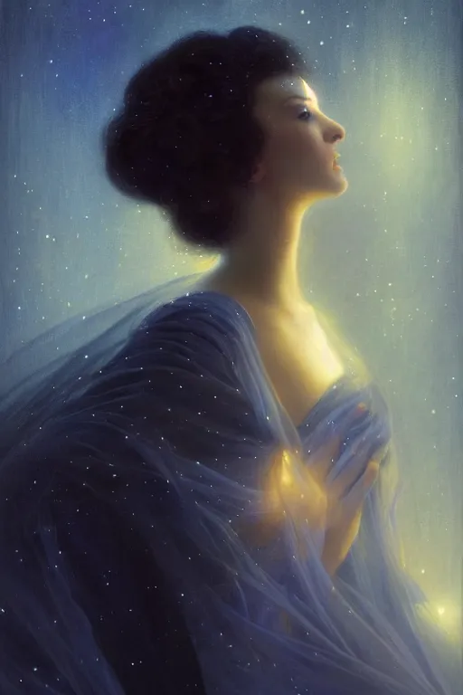 Image similar to Nocturne, glowing, stars, a long-legged elegant evil woman, highly detailed, mysterious, ethereal, dressed in midnight blue velvet, haute couture, illustration, dramatic lighting, soft details, painting, by Edmund Blair Leighton, Brom, Charlie Bowater, trending on artstation, faces by Tom Bagshaw, otto schmidt