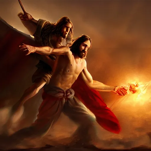 Image similar to Jesus fighting the devil, dynamic lighting, photorealistic concept art, trending on art station, stunning visuals, creative, cinematic, ultra detailed