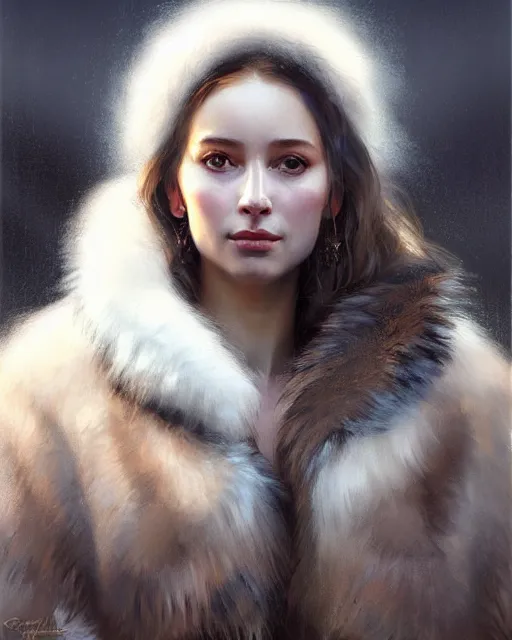 Image similar to a beautiful siberian girl with bear fur coat and decollete | | realistic shaded, unpleasant face, bad looking, fine details, realistic shaded lighting poster by greg rutkowski, magali villeneuve, artgerm, jeremy lipkin and michael garmash and rob rey