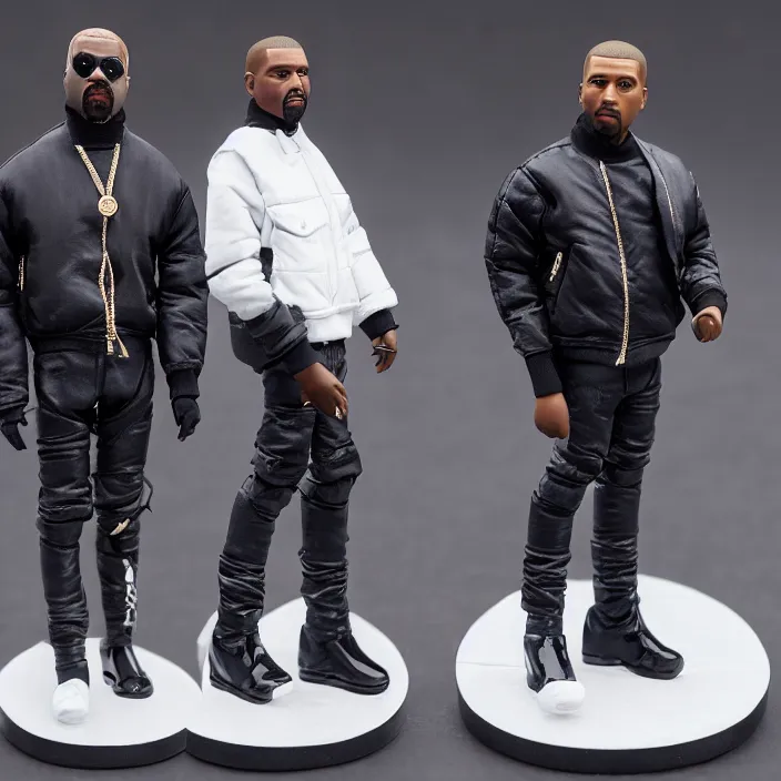 Image similar to a action figure of kanye west using a full face covering black mask, a small, tight, undersized reflective bright blue round puffer jacket made of nylon, dark jeans pants and big black balenciaga rubber boots, figurine, detailed product photo