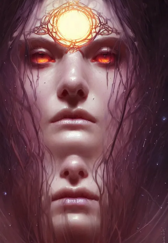 Image similar to Necromancer Sorceress face close-up macro in center, fantasy magic, undercut hairstyle, dark light night, intricate, elegant, sharp focus, illustration, highly detailed, digital painting, concept art, matte, art by WLOP and Artgerm and Greg Rutkowski and Alphonse Mucha, masterpiece