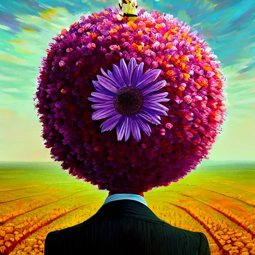 Image similar to giant daisy flower head, frontal, woman in a suit, surreal photography, sunrise, dramatic light, impressionist painting, digital painting, artstation, simon stalenhag