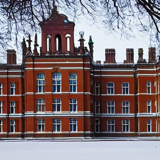 Prompt: Royal Holloway Building, winter